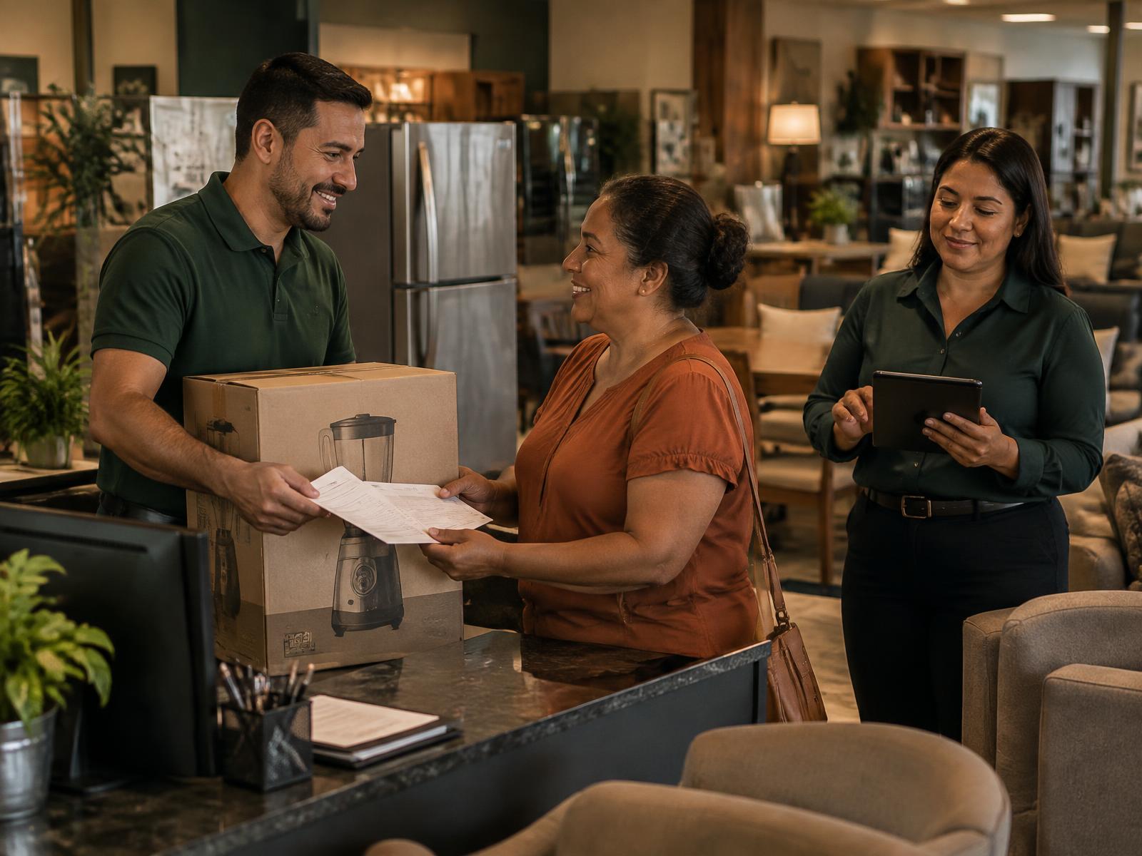 Cliente, vendedor e gerente conferindo uma compra