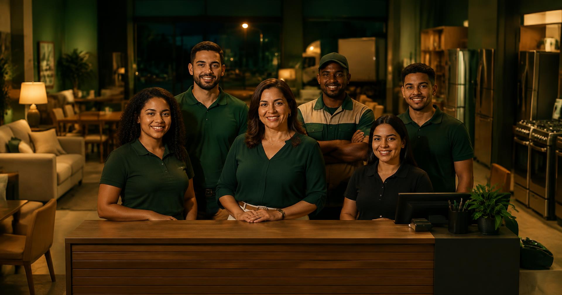 Equipe da loja reunida no salão de vendas